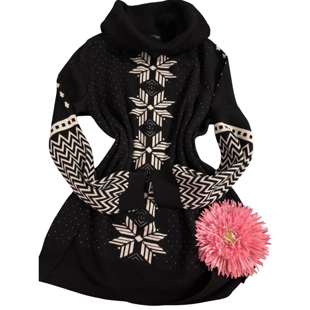 Talbots Black & White Cowl Neck Sweater With Geometric Snowflake Pattern